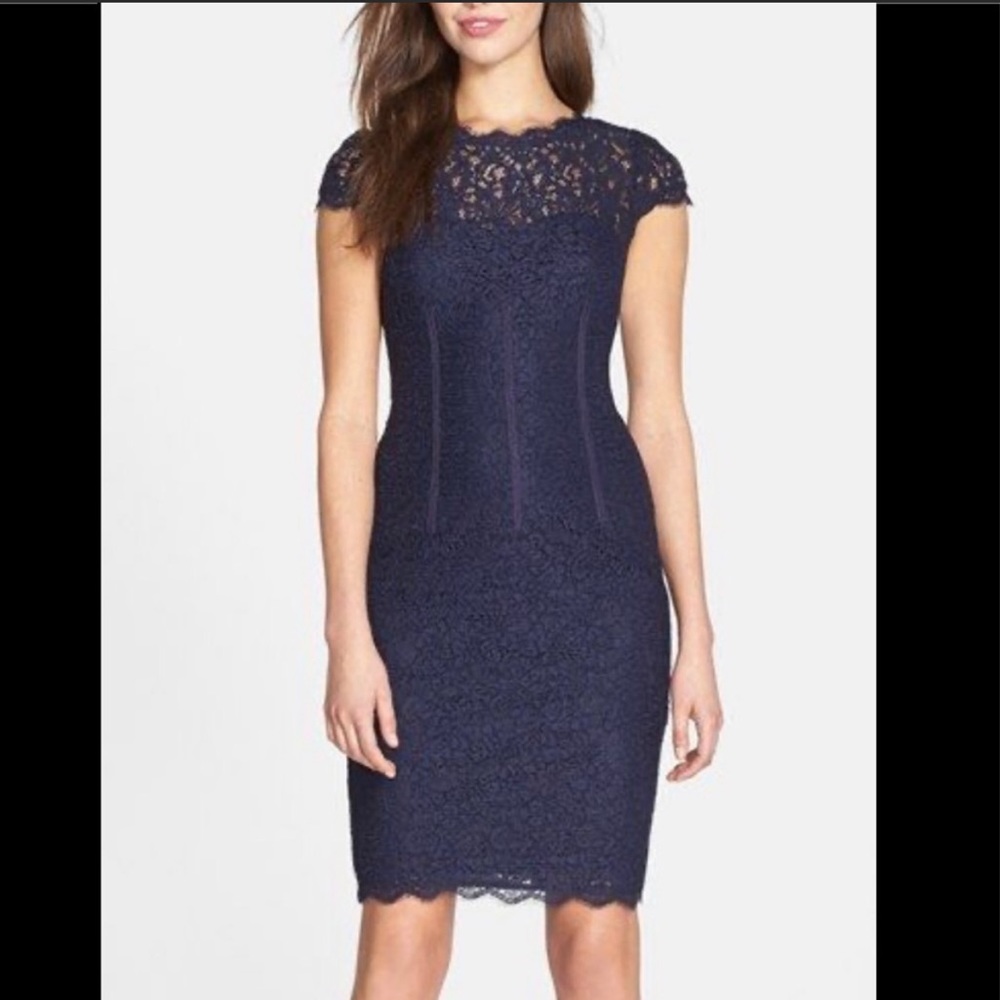 Adrianna Papell Blue Midi Lace Cocktail Dress